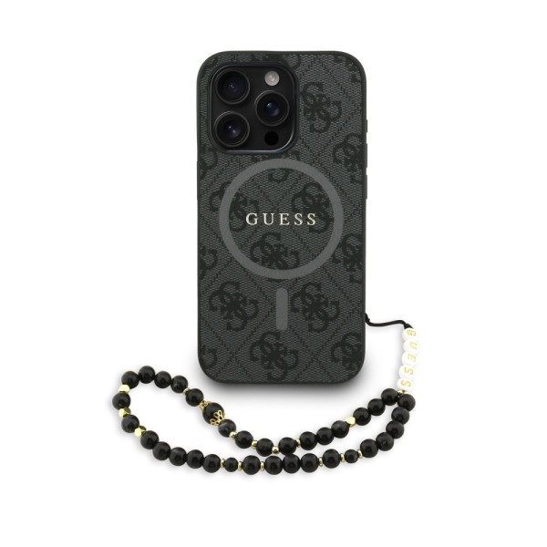 Σκληρή Θήκη Δερματίνης με Magsafe Guess Back Cover 4G Colored Ring Strap για iPhone 16 Pro Max - Black