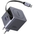 Φορτιστής Ugreen X614 65822 45W GaN PD με Καλώδιο Type-C Ρυθμιζόμενου Μήκους 0.7m και Θύρα USB-Α  & θύρα USB-C  - Grey
