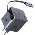 Φορτιστής Ugreen X615 65825 65W GaN PD με Καλώδιο Type-C Ρυθμιζόμενου Μήκους 0.7m και Θύρα USB-Α  & θύρα USB-C  - Grey