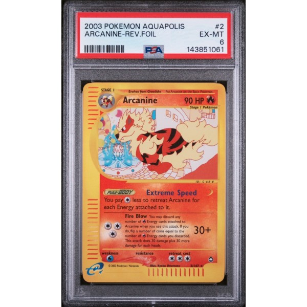 Arcanine Rev.Foil - Aquapolis - English 2003 #2/147 PSA  EX-MT 6 - Pokemon Graded Card
