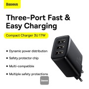 Φορτιστής Baseus Compact Quick Charger με 3 Θύρες USB A 17W - Black