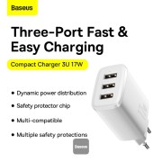 Φορτιστής Baseus Compact Quick Charger με 3 Θύρες USB A 17W - White