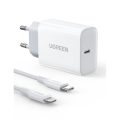 Φορτιστής Ugreen Γρήγορης Φόρτισης Σετ με Θύρα USB-C και Καλώδιο Lightning 20W - White