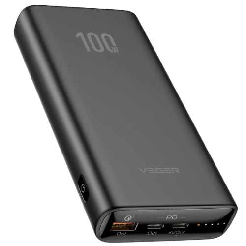 PowerBank Veger T100 - 20000mAh Ultra Compact Design PD100W Max Output 1x USB-A, 2X USB-C  - Black