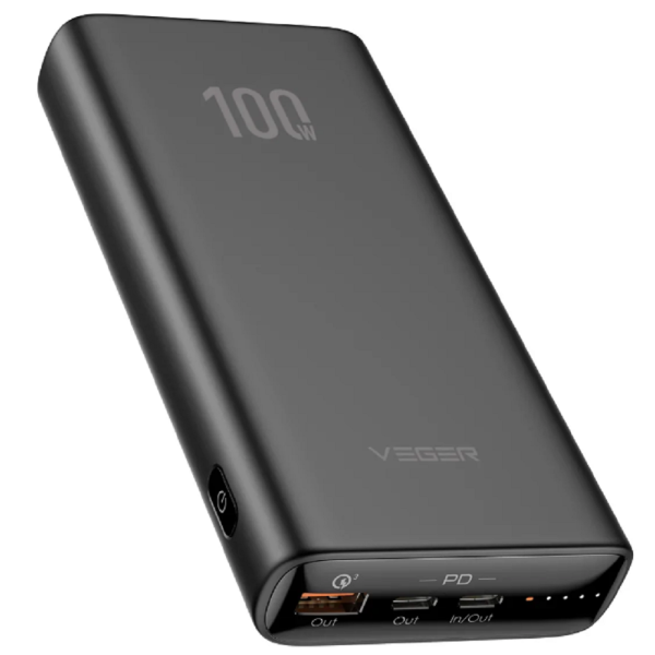PowerBank Veger T100 - 20000mAh Ultra Compact Design PD100W Max Output 1x USB-A, 2X USB-C  - Black