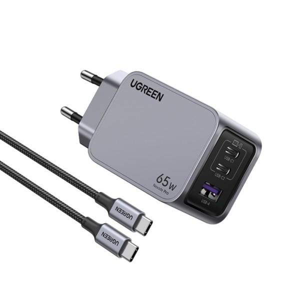 Σετ Φόρτισης UGREEN X757 65W με Θύρα USB-A και 2 Θύρες USB-C και Καλώδιο USB-C - USB-C - GaN Quick Charge 4.0 - Gray