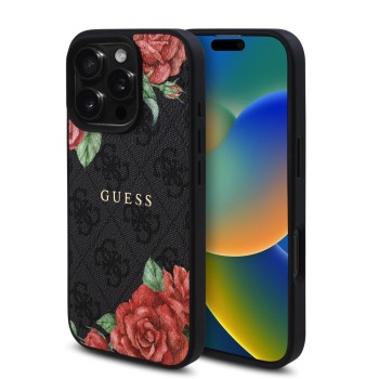 Σκληρή Θήκη Δερματίνης με Magsafe Guess Back Cover 4G Roses για iPhone 16 Pro Max - Black