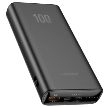 PowerBank Veger T100 - 20000mAh Ultra Compact Design PD100W Max Output 1x USB-A, 2X USB-C  - Black