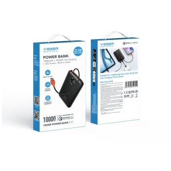 Power Bank Veger W1189-K1C 10000mAh 22.5W Fast Charging με Ενσωματωμένο Καλώδιο USB-C – Black