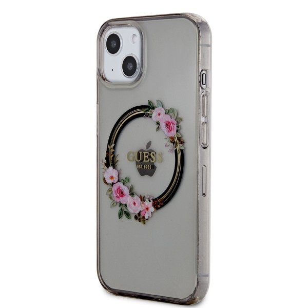 Θήκη Σιλικόνης Guess Flowers Ring Glossy Logo με MagSafe για Apple iPhone 13 - Clear/Black