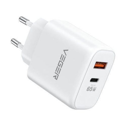Φορτιστής Veger με Θύρα USB-A και Θύρα USB-C 65W Power Delivery / Quick Charge 3.0 - White 