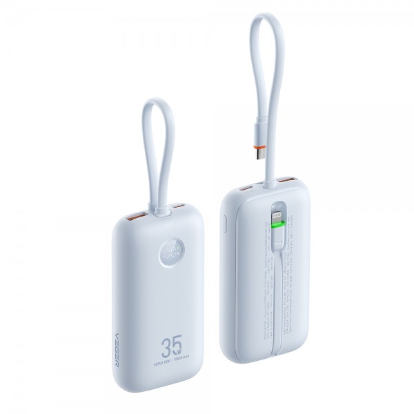 PowerBank Veger K1 - 10000mAh 35W Built in Cables Lightning & USB-C και με Θύρa USB-A και Θύρα USB-C Power Delivery / Quick Charge 3.0 - Frost Blue