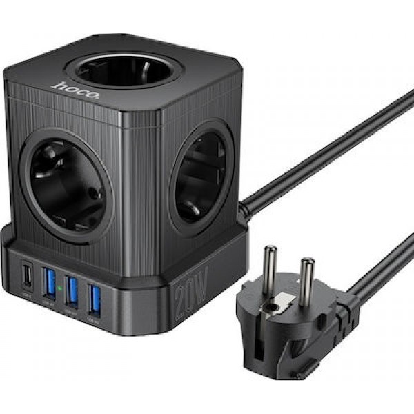 Πολύπριζο Hoco PowerCube 5 Θέσεων με USB-C και Καλώδιο 2m - Black