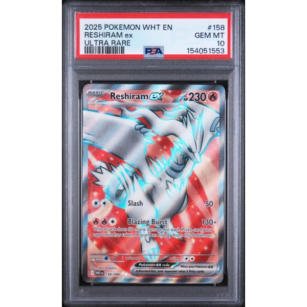 Reshiram EX - White Flare - English 2025 - #158 - PSA GEM MT 10 - Pokemon Graded Card